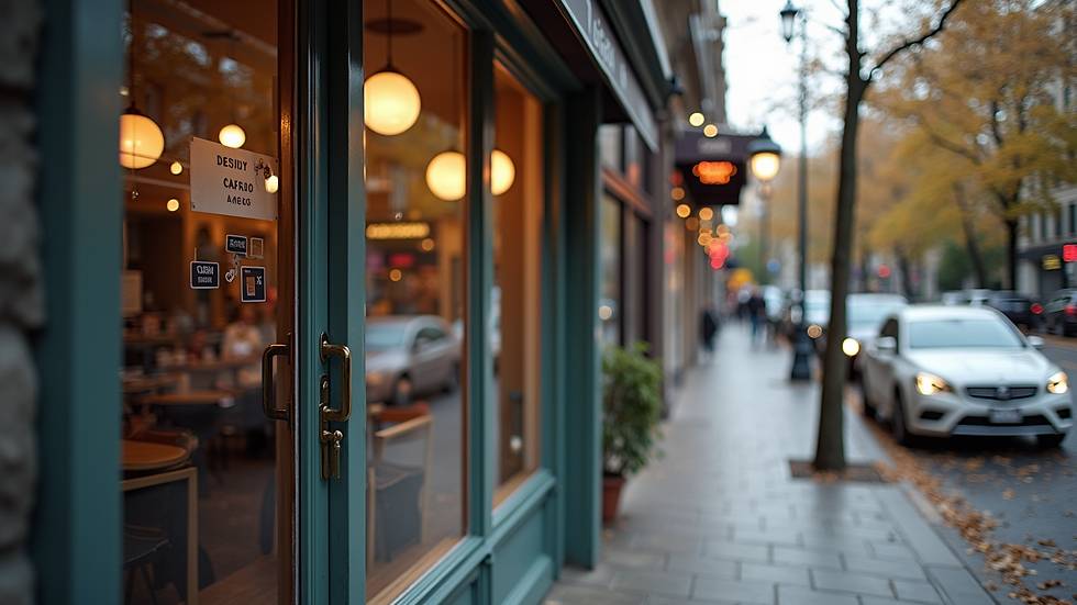Eye-level view of a local café storefront with clear signage