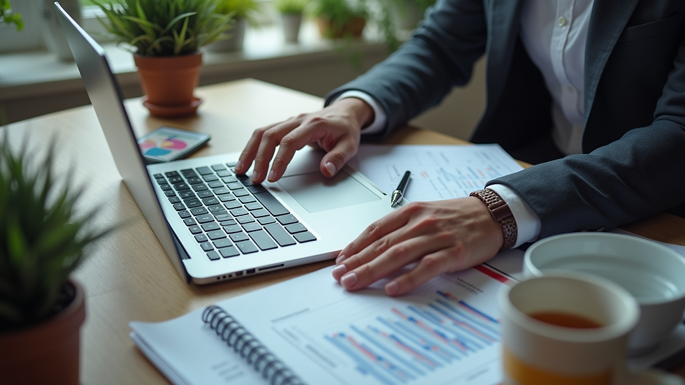 High angle view of a business owner reviewing SEO reports on a laptop