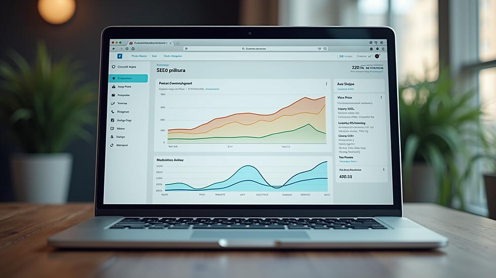 Close-up view of a laptop screen showing SEO analytics dashboard