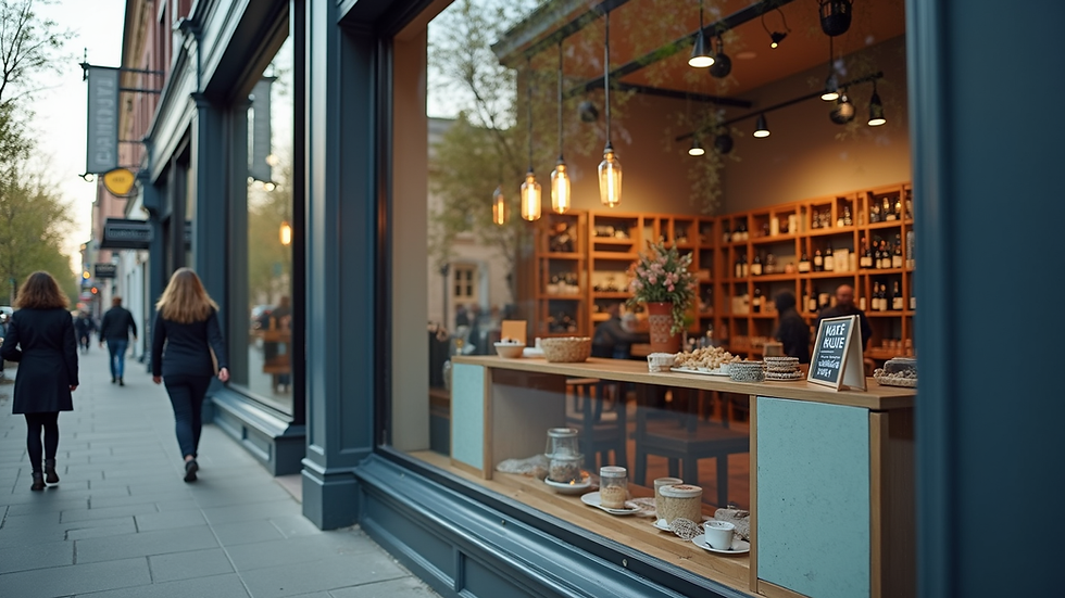 Eye-level view of a local business storefront with clear signage
