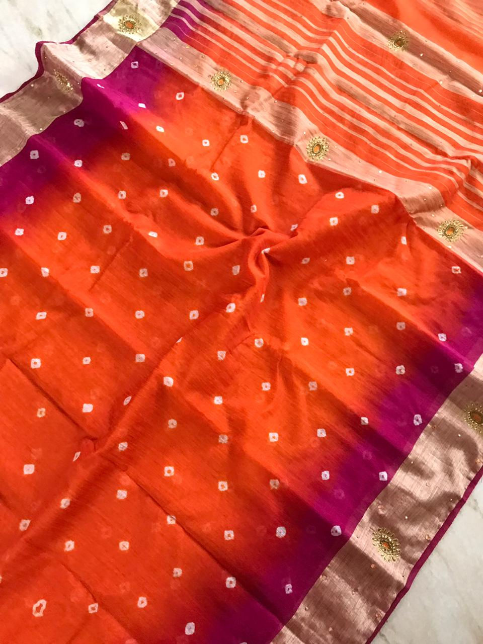Thumbnail: Pure linen jute shibbori dyeing sarees with  embroidery work on border 