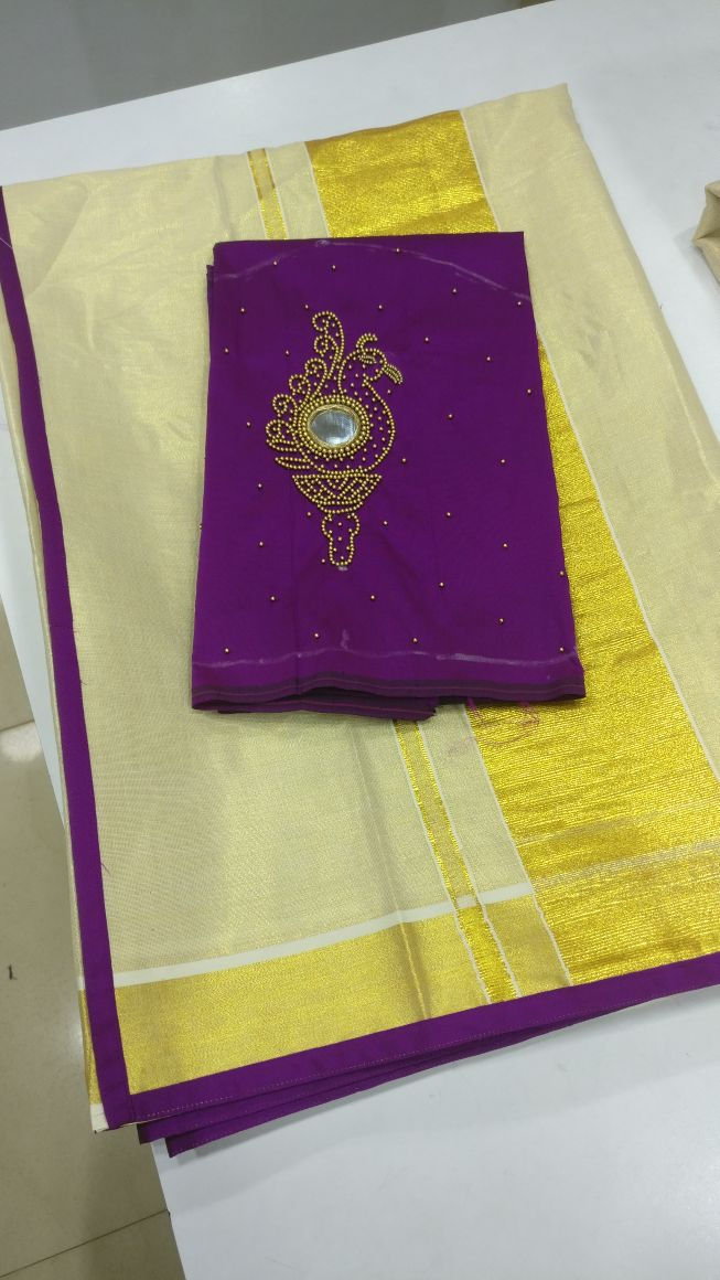 Thumbnail: Kerala tissue silk saree or set mundu with designer blouse piece
