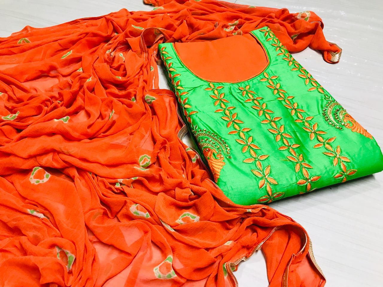 Top pure cotton aplick work 
Bottom cotton 
Dupatta chiffon 
*Price 999+$🐋🐋* 