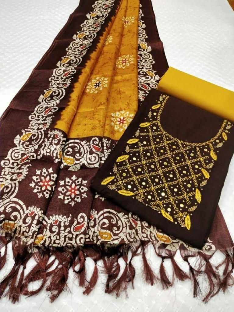 Thumbnail: Slub cotton top with handwork 
Manipuri Silk dupatta 
Cotton bottom 
Rs 1099+ sh