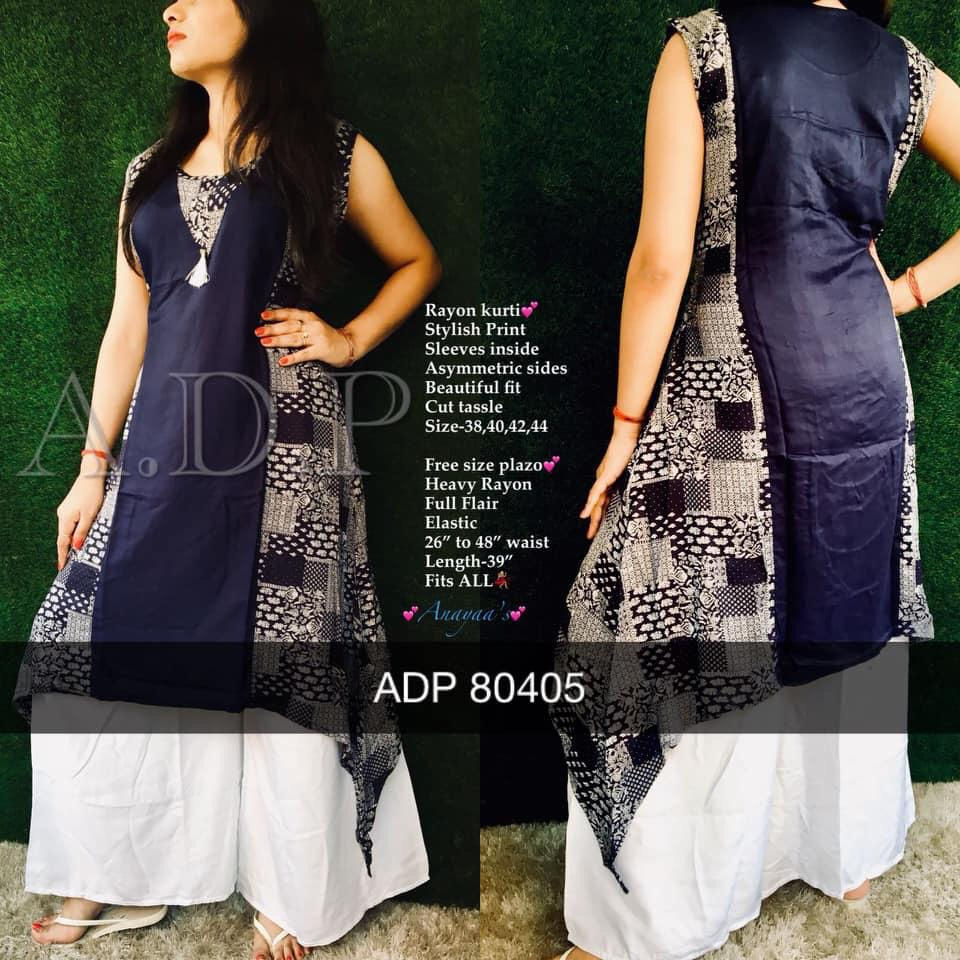 Thumbnail: 🔺 ADP Brand Black & Blue printed Kurti with white Plazo Combo 🔺

Rayon stylish