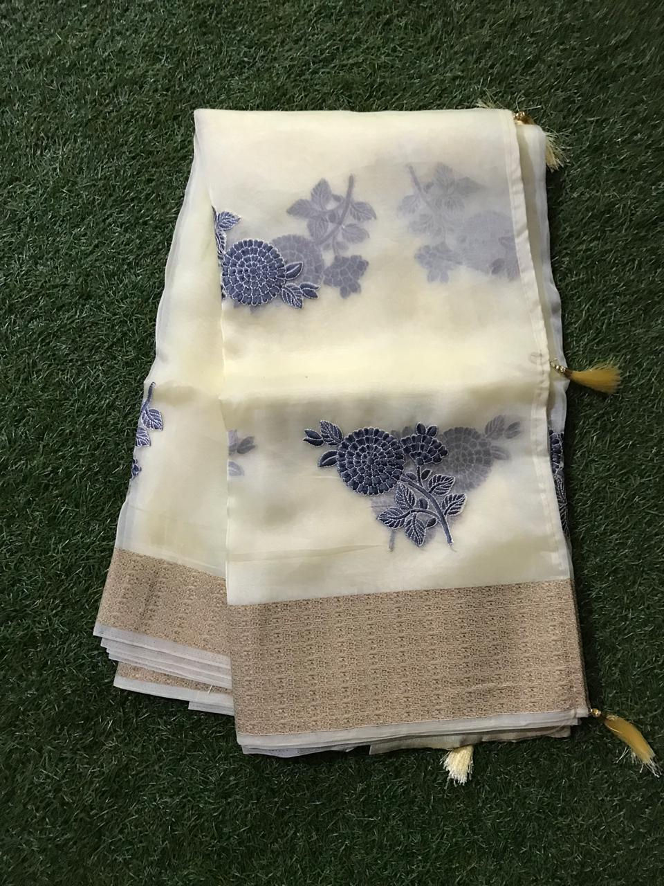 Thumbnail: Pure organza latest embroidery bunches sarees with raw silk blouse