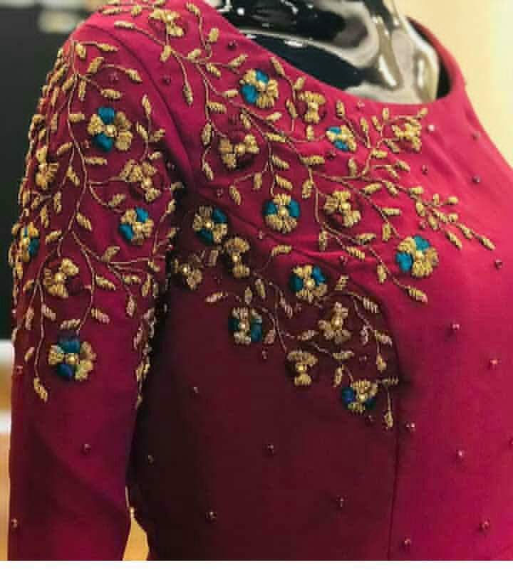 Georgette top material with chest shoulder n sleeve heavy thread work and bead
