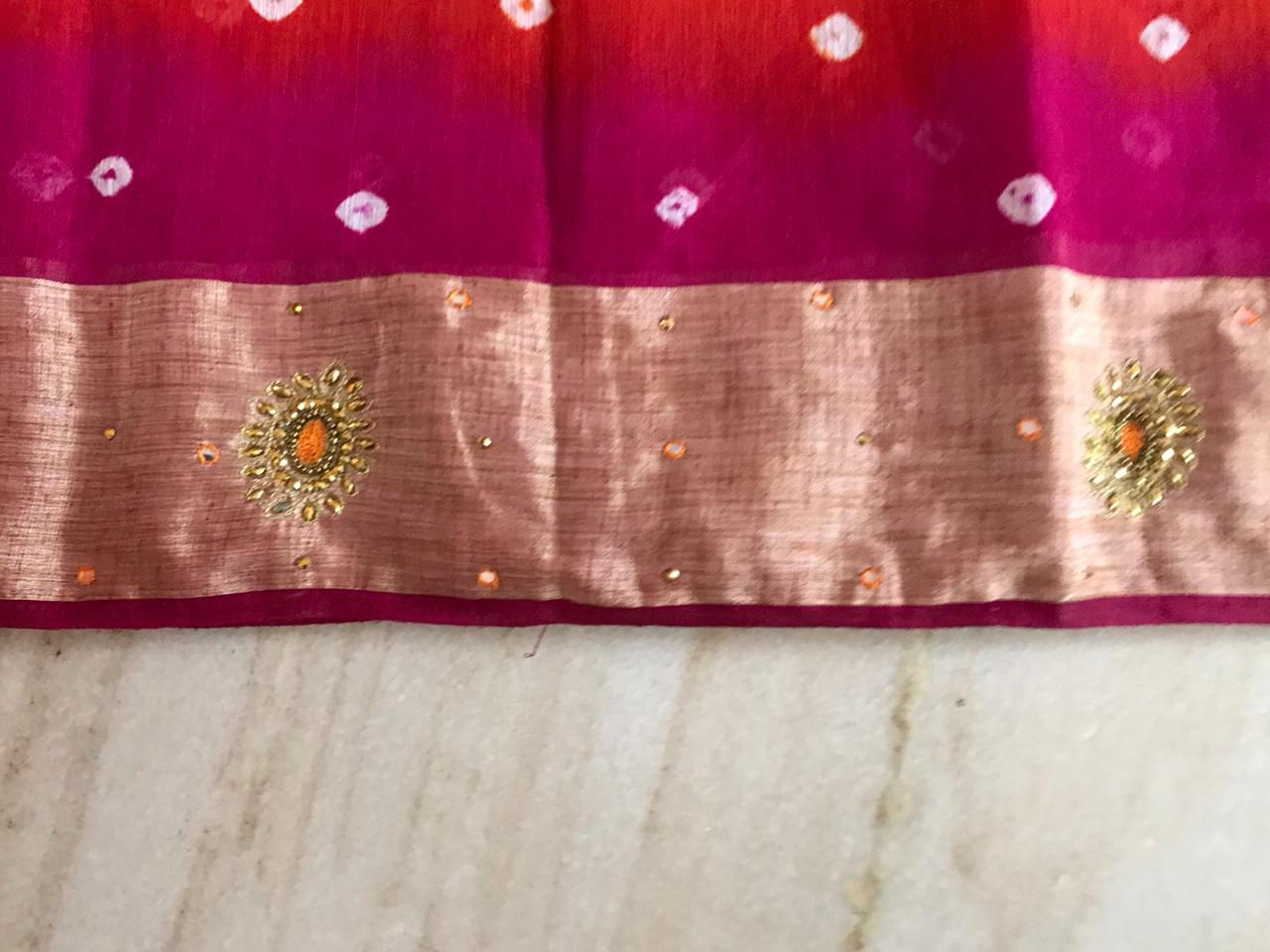 Pure linen jute shibbori dyeing sarees with  embroidery work on border 