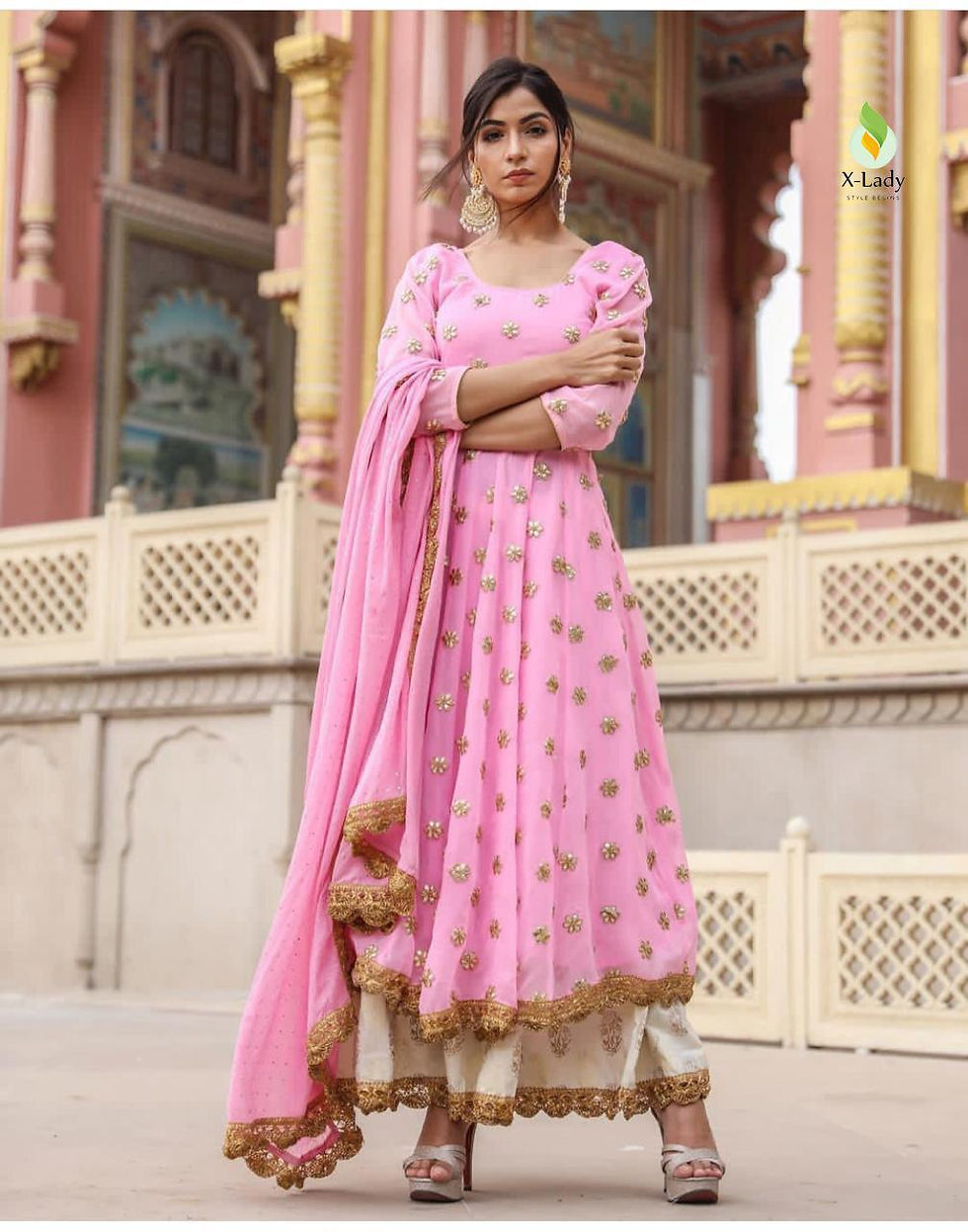 Thumbnail: Fabric 💃Georgette full ghera and jari and gold 👩‍❤‍💋‍👩embroidered work 