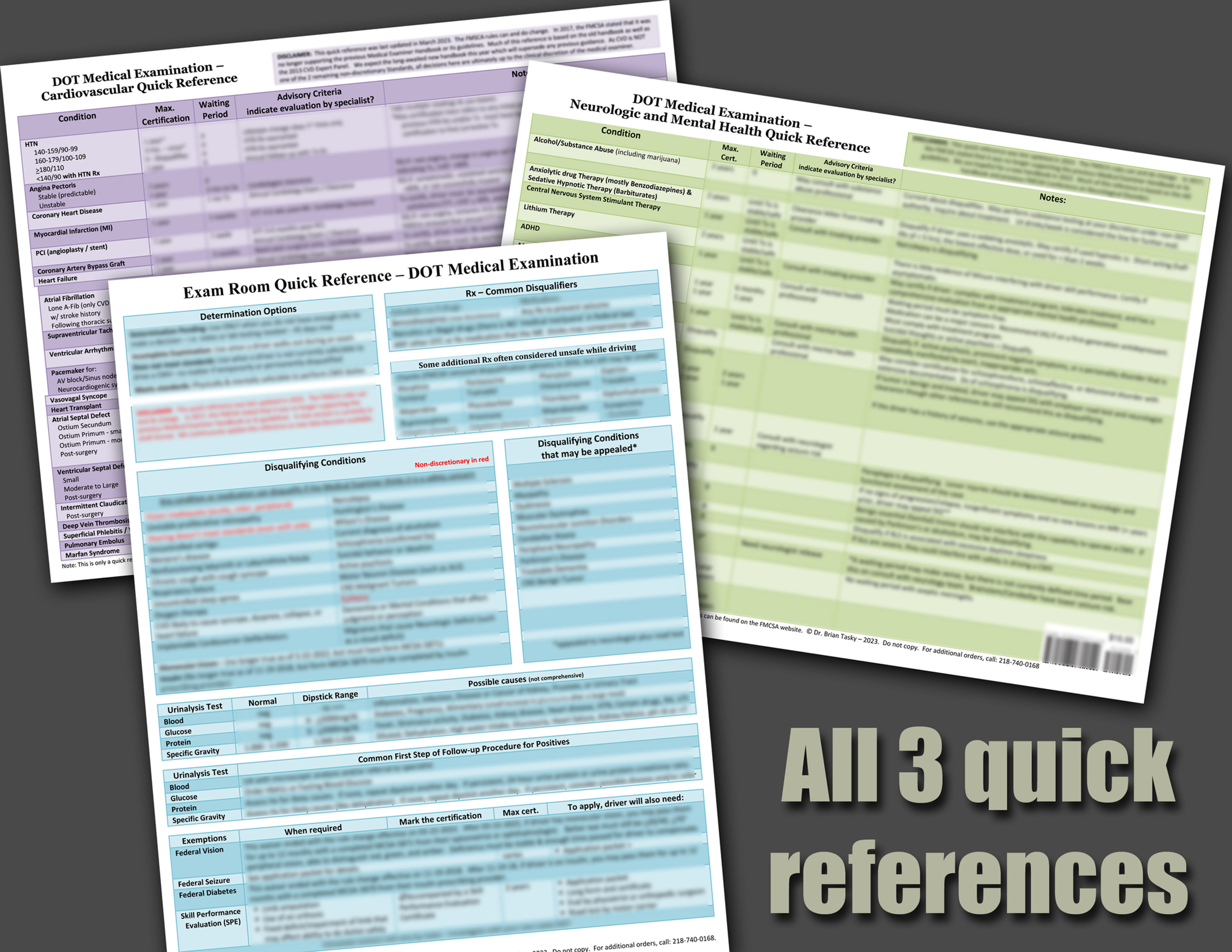 DOT Medical Exam Quick Reference - 3 pack = Neuro/Mental, CVD, and General