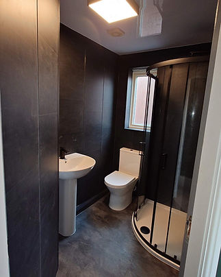 Small modern bath with dark walls, sink, toilet, and shower