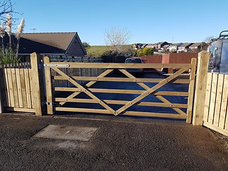 Wooden driveway gate with diagonal cross-bracing between two fence panels