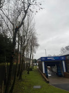 Overcast day with bare trees lining a pathway. A blue pedestrian bridge is on the right, leading over a road