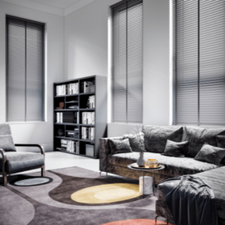 Elegant living room with gray couches, black armchair, rug, table, blinds