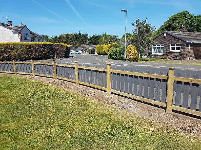 Suburban street with wooden fence, green hedges, and single-story houses
