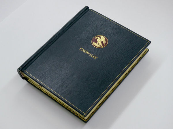 A visitor book, hand bound as a traditional spring-back ledger. This is a large, hand bound book in a full leather binding.