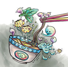 illustration, digital, graphic, noodle, fishing, dumpling, soul