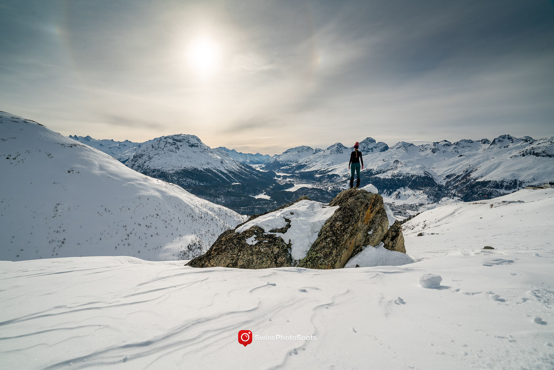 View on snow-covered Engadin for a mountain 