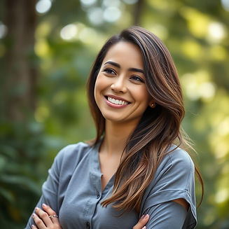 create a natural looking pleasant super happy and inviting lady looking slightly to her ri