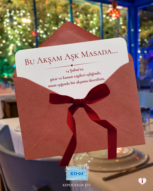 Kepos Balık Evi Valentine's Day invitation design and special February 14th evening announcement.