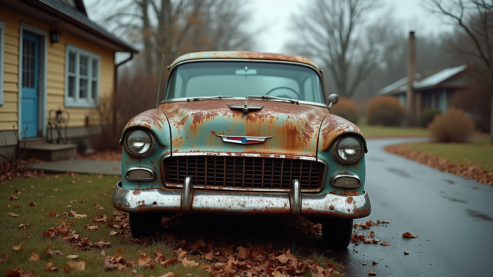 Eye-level view of a rusty junk car in a driveway