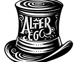 Alter ego  is written inside a black and white top hat for the company’s logo  