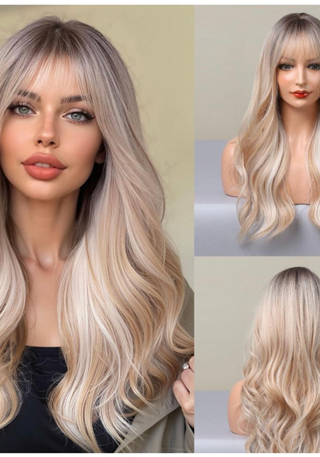 Long dark roots dirty blond wig