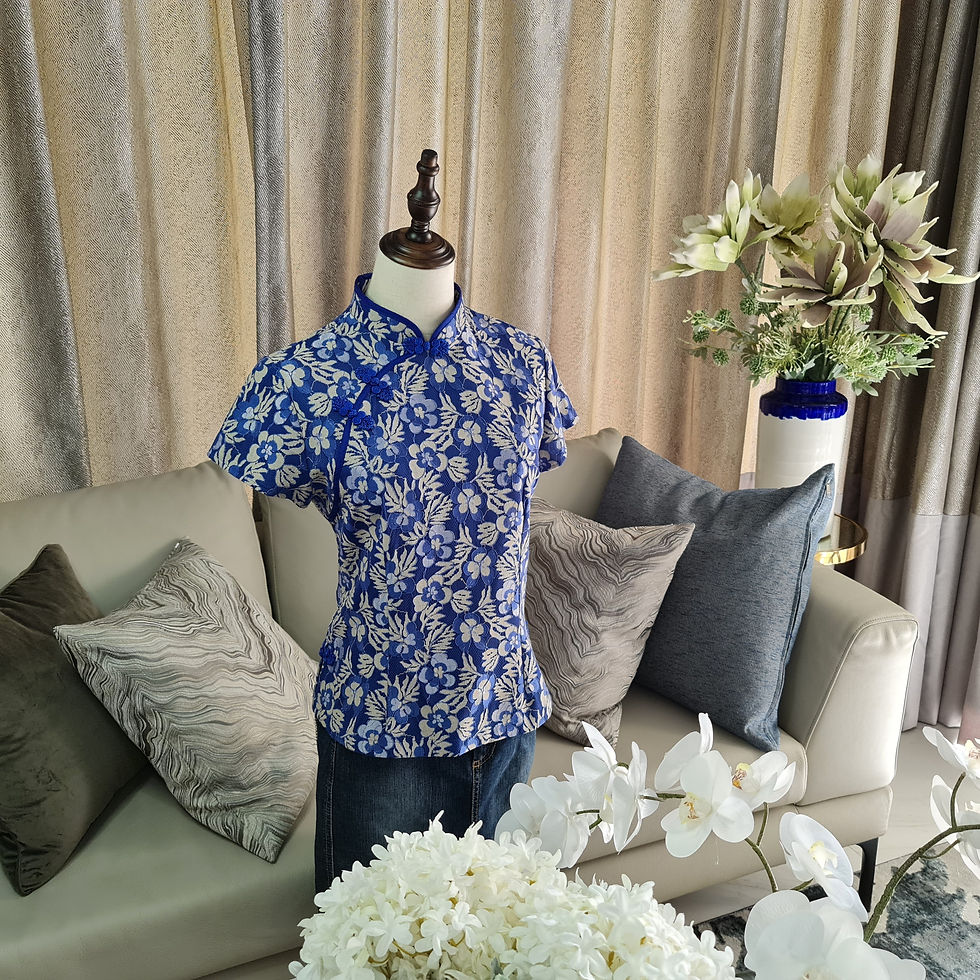 Thumbnail: Azure Blue Gilt Floral Lace Cheongsam Blouse