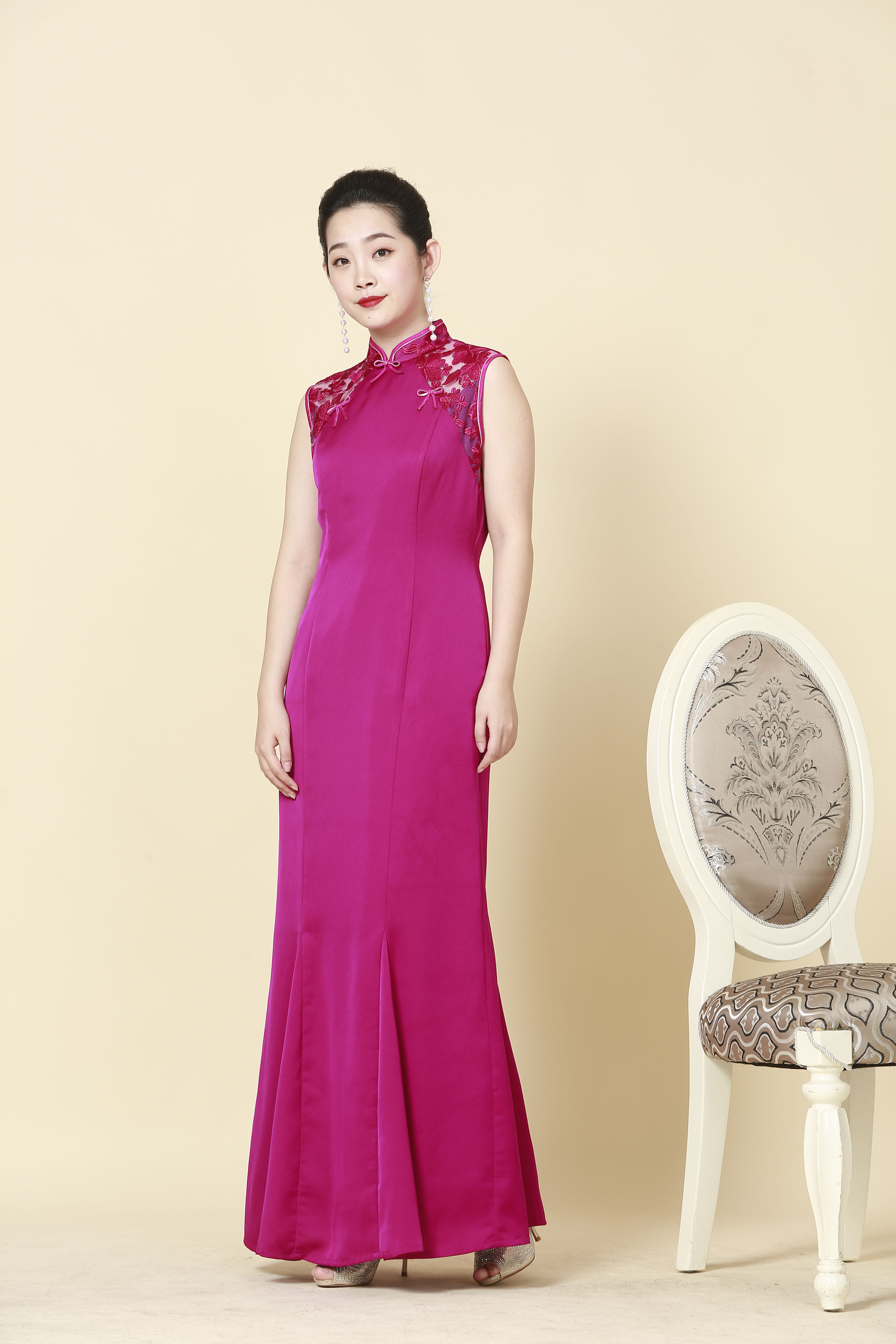 Royal Fuchsia Charmeuse Satin Cheongsam Gown
