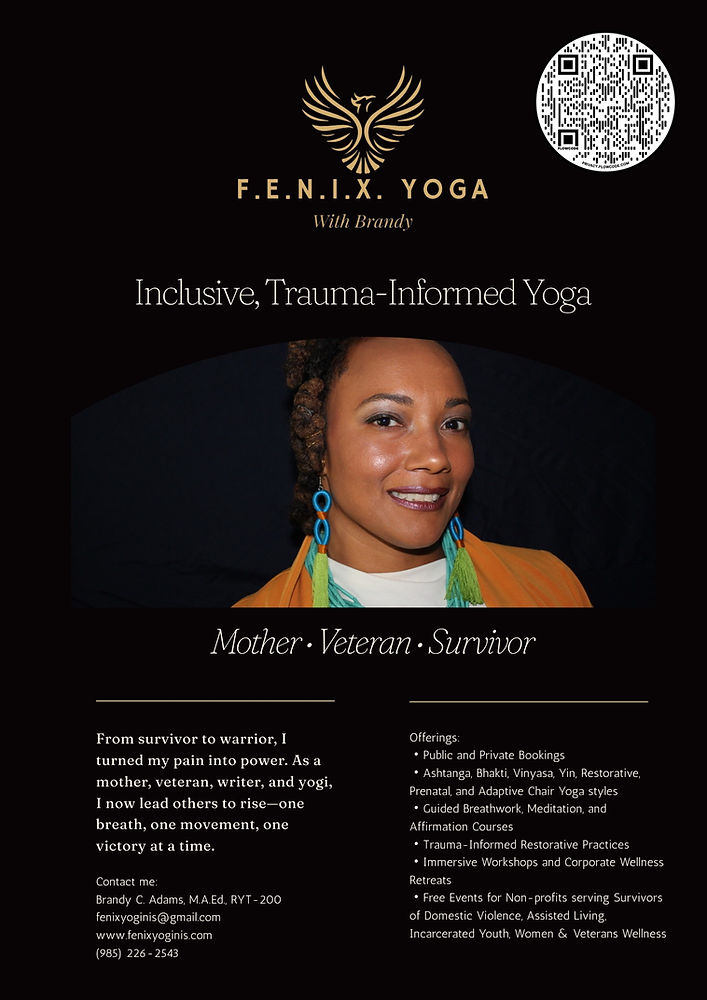 F.E.N.I.X. Yoga flyer with bio and service offerings