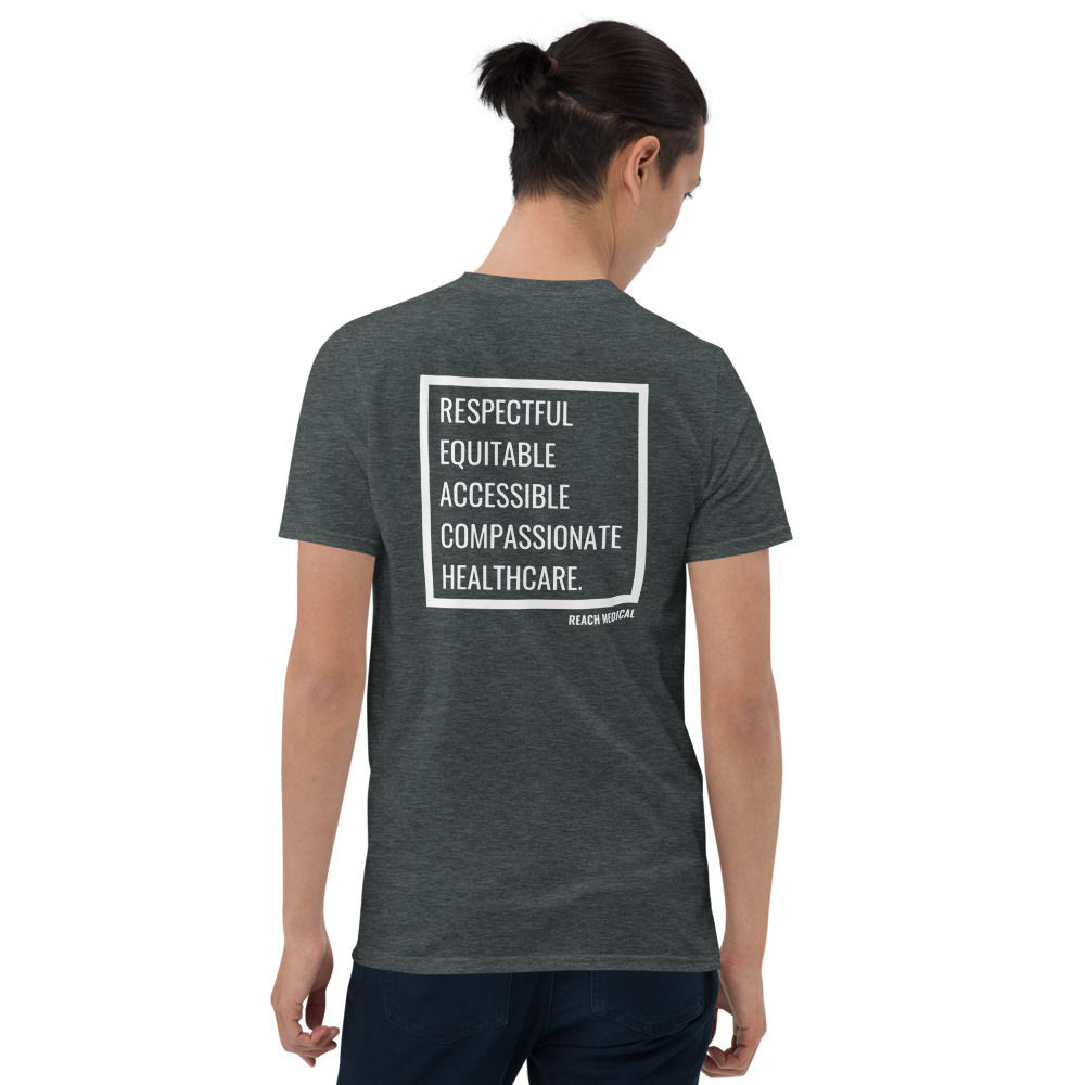 Respectful, equitable, accessible, compassionate, healthcare t-shirt.