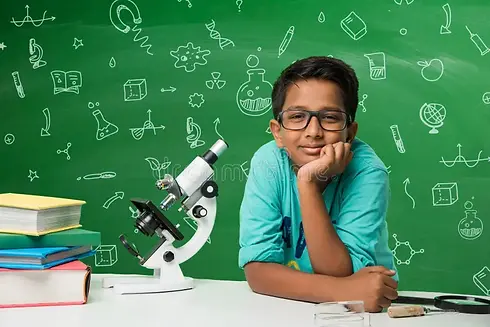 indian-kids-science-concept-cute-little-studying-using-microscope-diagrams-doodles-drawn-o