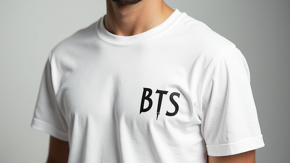 Close-up view of a minimalist BTS logo on a white t-shirt