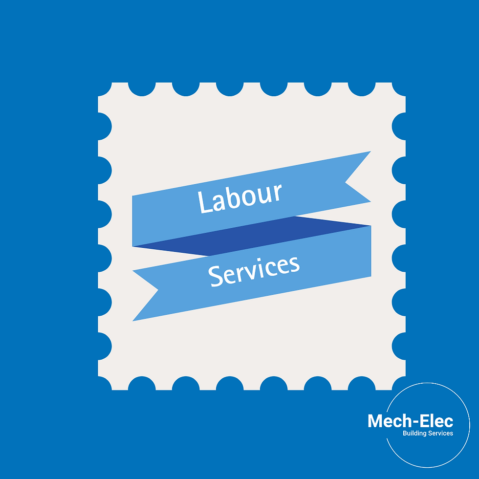 Graphic featuring a stamp-like design with the text 'Labour Services' displayed on two blue banners, set against a white background. The logo for Mech-Elec Building Services is positioned in the bottom-right corner, showcasing a professional and clean branding element. Perfect for highlighting labour-only electrical services for MEP contractors
