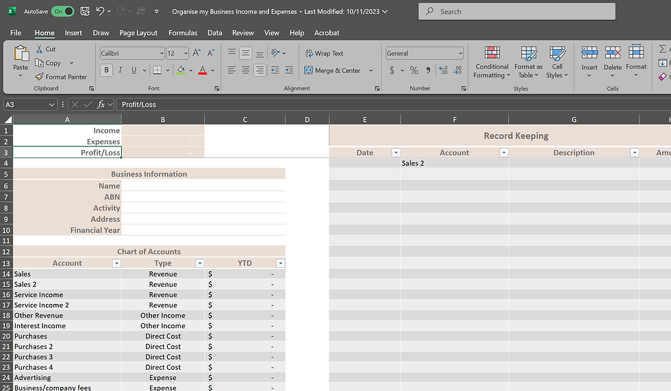 Preview of the Free Business Income and Expense Template designed by Organise My Books & Tax