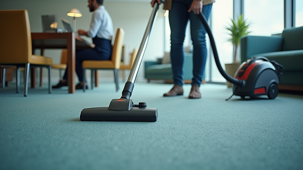High angle view of a cleaning professional vacuuming an office carpet