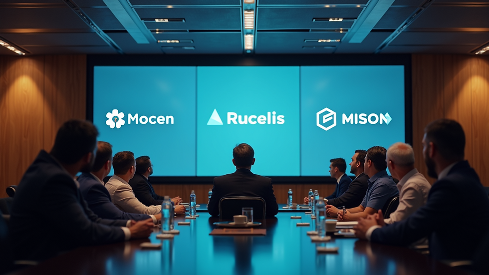High angle view of a conference room with blockchain company logos on a presentation screen