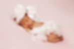 Sleeping baby on a pink background, wearing a pink lace outfit with white feathers and a large bow headband, creating a peaceful mood.