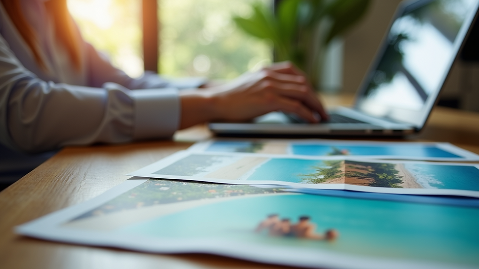 Eye-level view of a travel agent's desk with vacation brochures and a laptop