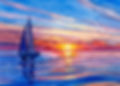 Watercolor photo of a sailboat in the water at sunset.