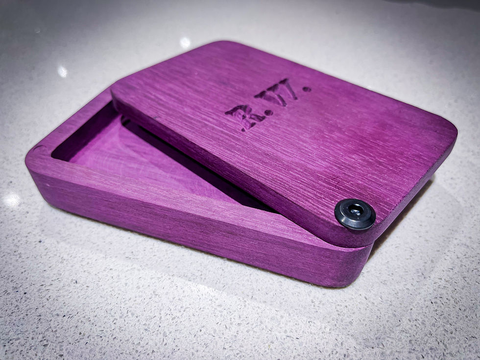 Thumbnail: beautiful oak walnut zebrano hardwood handmade fly fishing box case with a wooden back ground on a wooden bench uk made