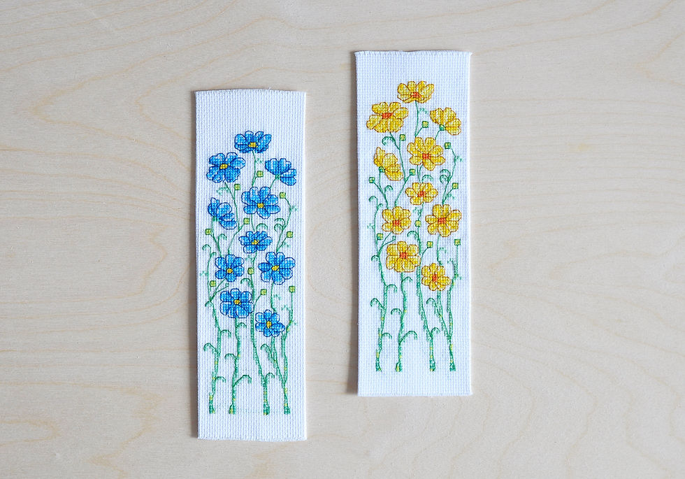 Thumbnail: 2 Bookmark Floral Cross Stitch Patterns, Blue Yellow Flowers, Instant Download P