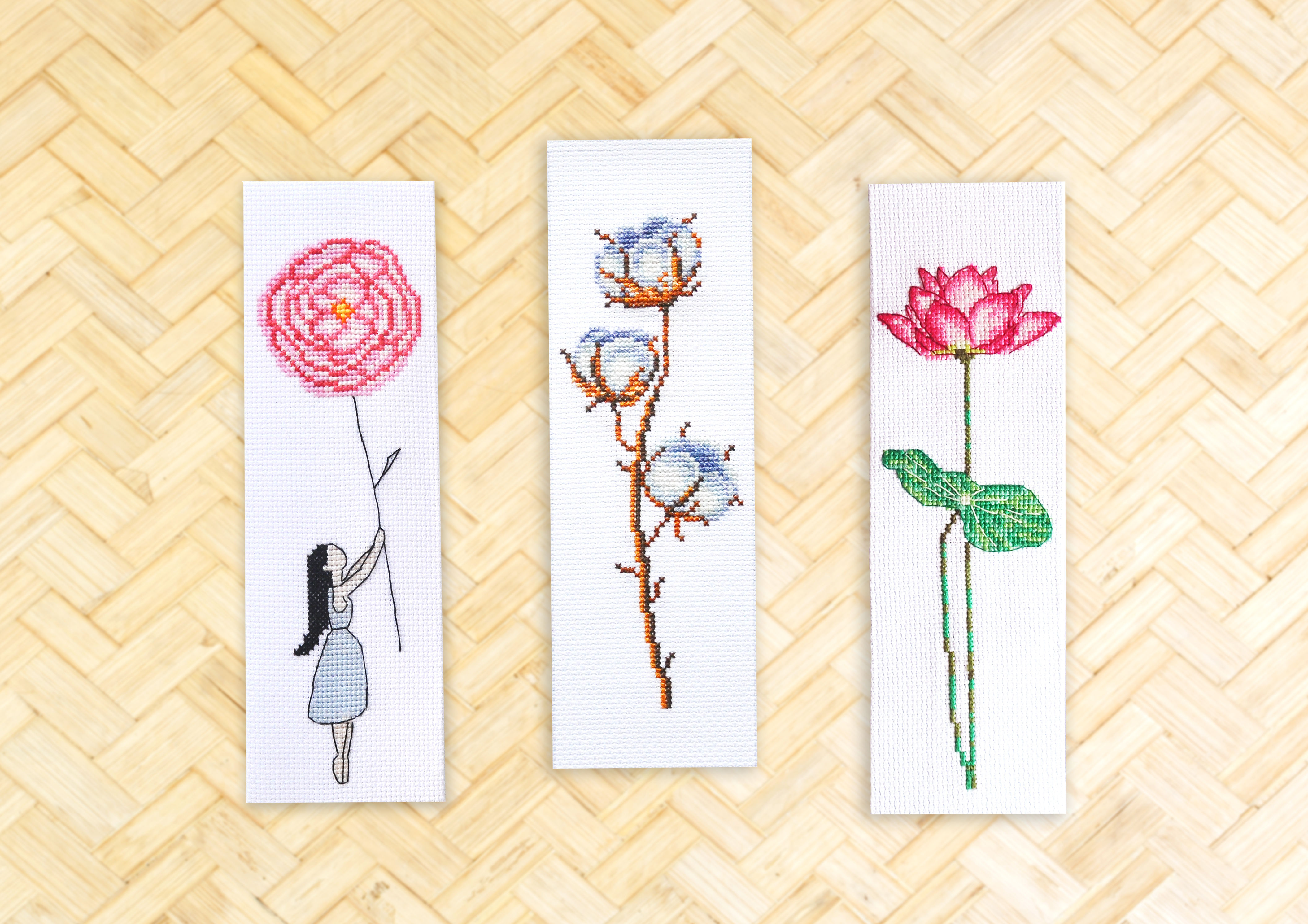 Set of 3 Floral Bookmark PDF Patterns: Lotus, Cotton, Rose