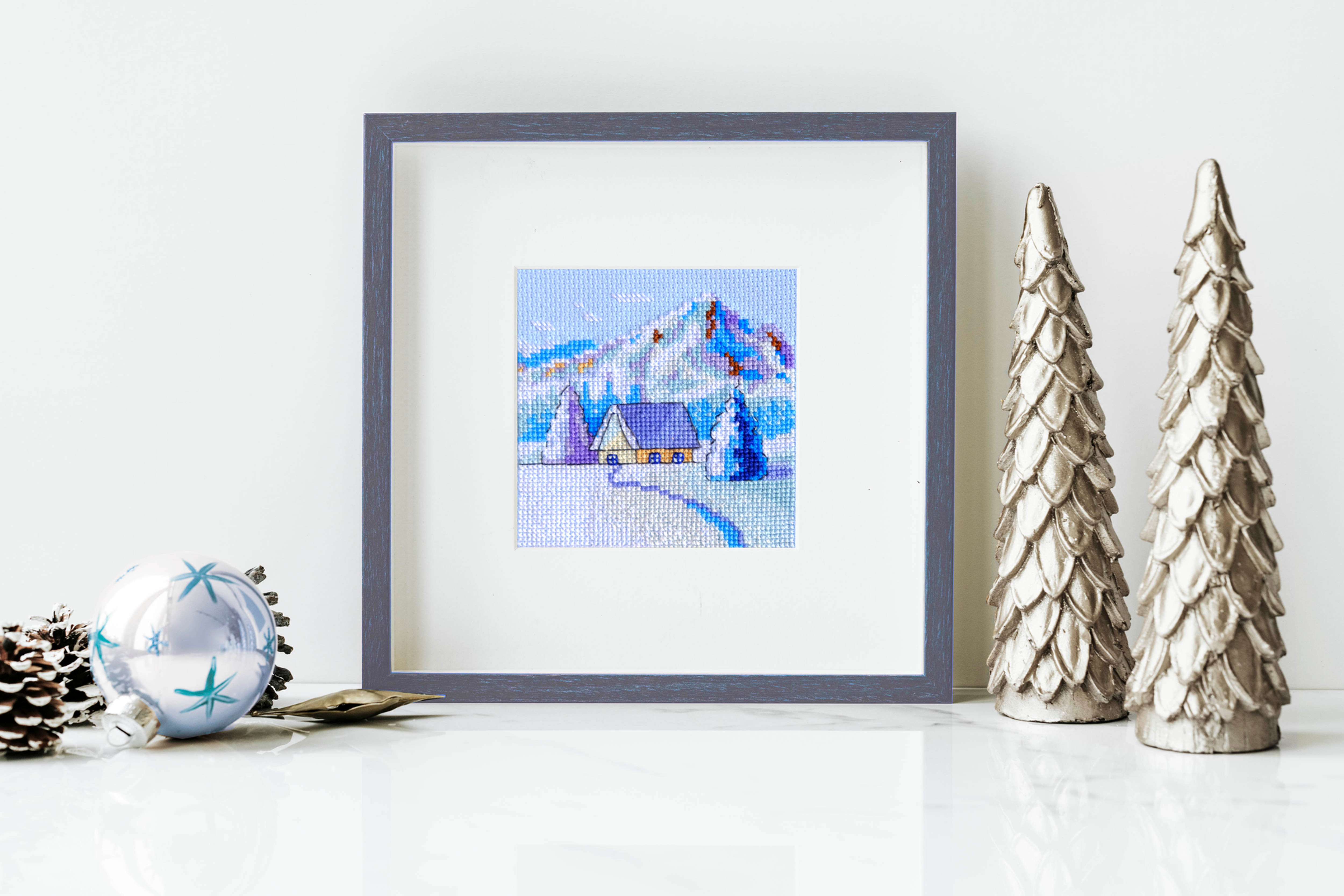Winter Cross Stitch Pattern PDF, Christmas Mountain Landscape House Hut Cabin Sn