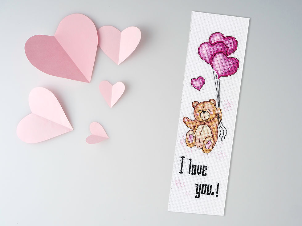 Thumbnail: PDF Bookmark Cross Stitch Pattern, Teddy Bear with Hearts, instant download