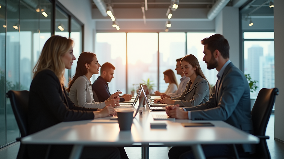 Eye-level view of modern office space with creative team collaborating
