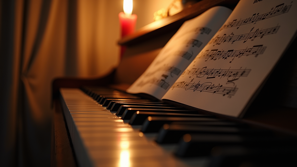 Eye-level view of a piano keyboard with sheet music and a candle
