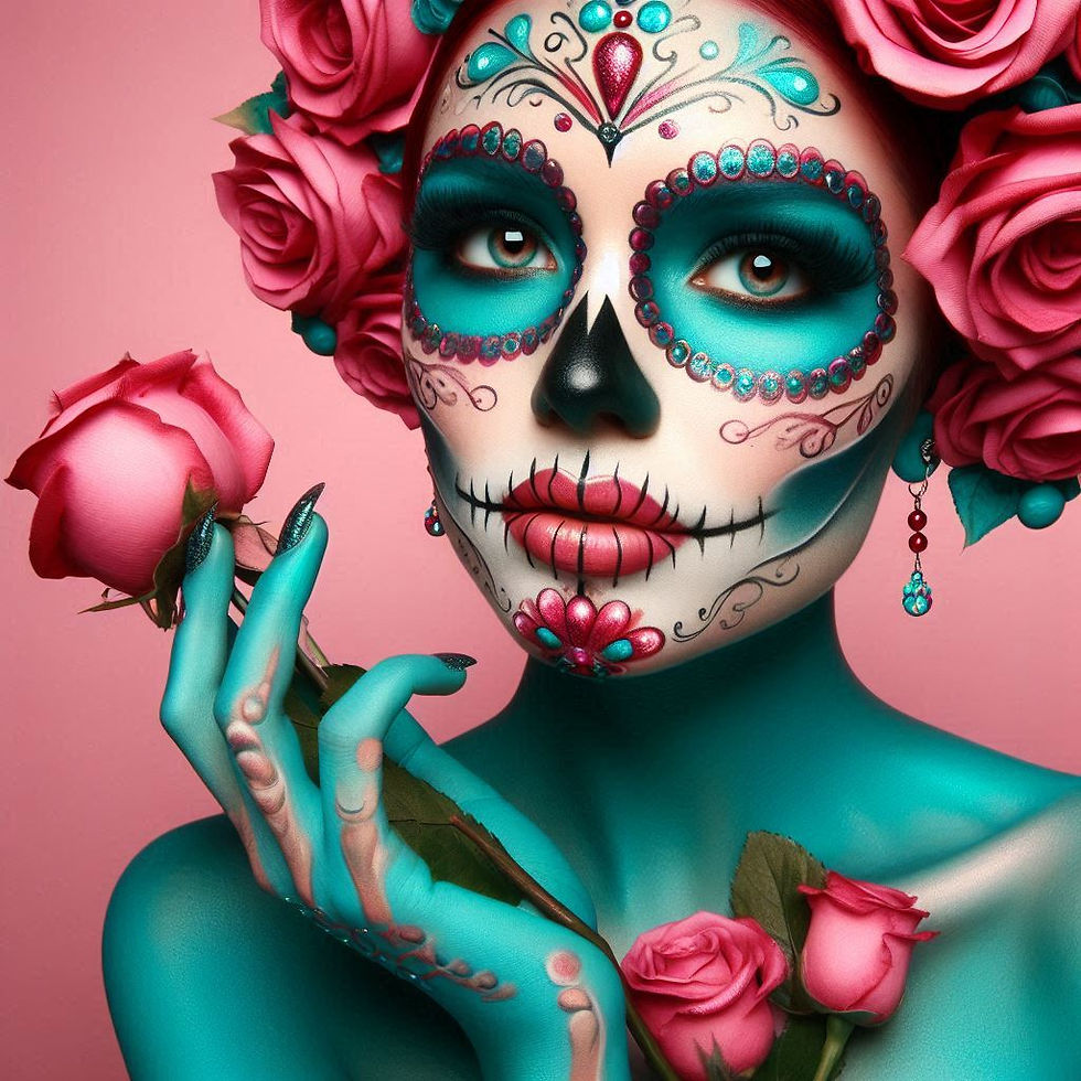 Rosie with a Day of the Dead sugar skull .png
