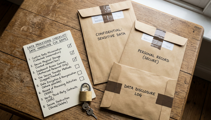 Overhead view of sealed envelopes and a padlock on a wooden table.