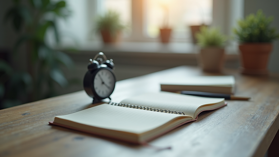 Close-up view of a timer and a notebook on a desk
